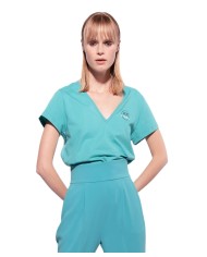 t-shirt slim verde da donna con logo e scollo a v | PINKO