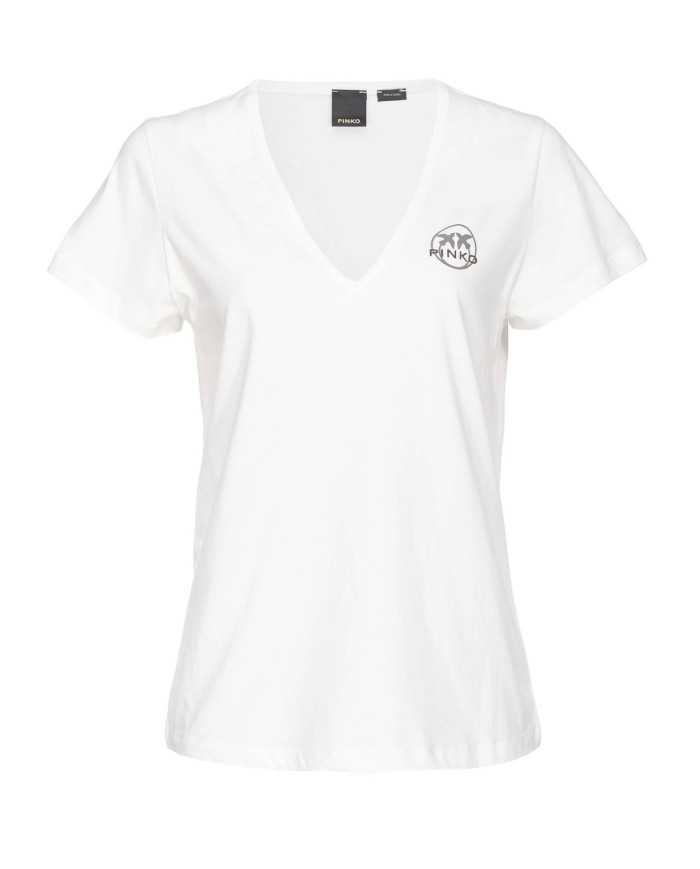 t-shirt slim bianca da donna con logo e scollo a v | PINKO t-shirt slim bianca da donna con logo e scollo a v | PINKO