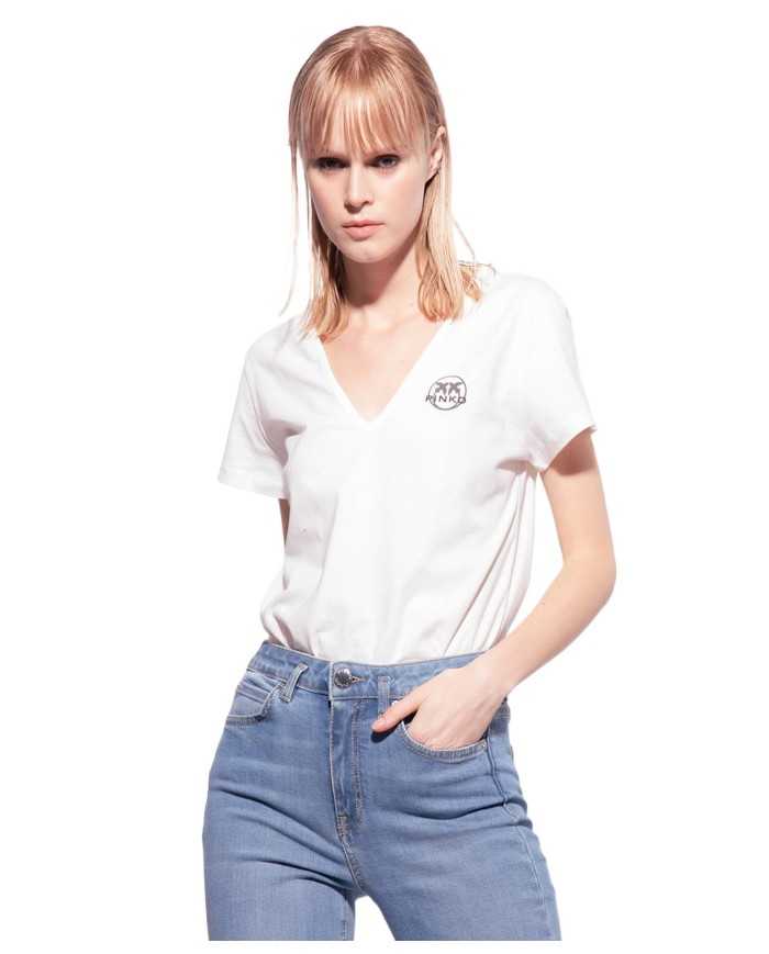 t-shirt slim bianca da donna con logo e scollo a v | PINKO