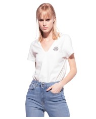 t-shirt slim bianca da donna con logo e scollo a v | PINKO