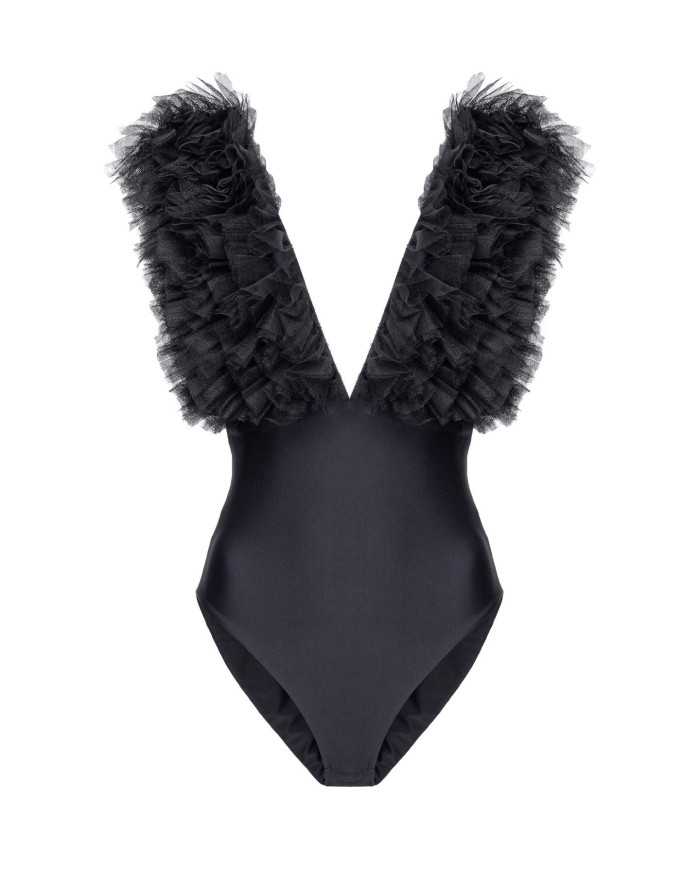 body nero limousine da donna con spalline in tulle | PINKO body nero limousine da donna con spalline in tulle | PINKO