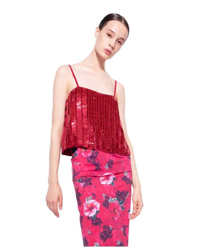 top fuxia donna con intero ricamo di paillettes rettangolari | PINKO