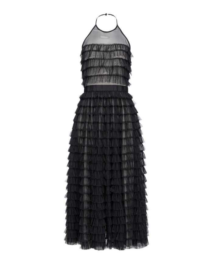 abito midi nero e nudo da donna con micro balze all-over | PINKO abito midi nero e nudo da donna con micro balze all-over | PINKO
