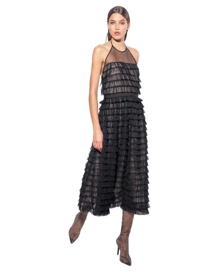 abito midi nero e nudo da donna con micro balze all-over | PINKO abito midi nero e nudo da donna con micro balze all-over | PINKO