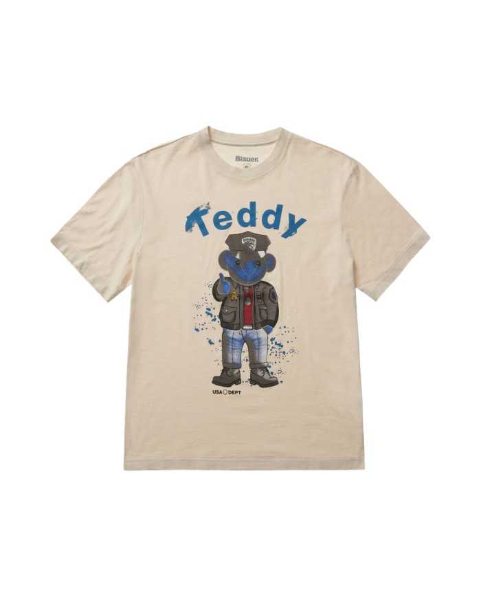 t-shirt beige da uomo con orsetto poliziotto e scritta teddy | BLAUER t-shirt beige da uomo con orsetto poliziotto e scritta teddy | BLAUER