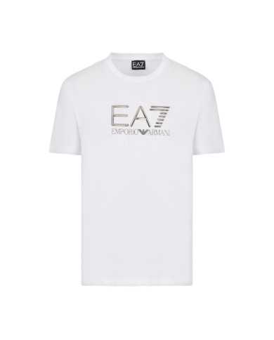 t-shirt bianca da uomo logata in metallo sul petto | EA7 t-shirt bianca da uomo logata in metallo sul petto | EA7
