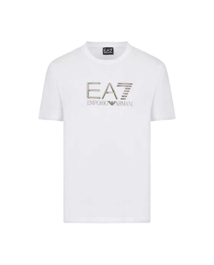 t-shirt bianca da uomo logata in metallo sul petto | EA7 t-shirt bianca da uomo logata in metallo sul petto | EA7