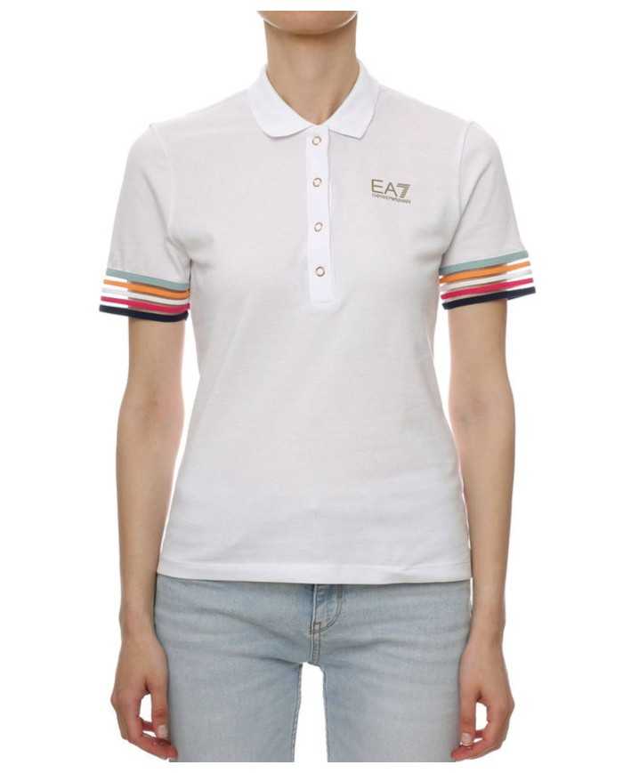 polo bianca da donna con motivo a righe sulle maniche | EA7 polo bianca da donna con motivo a righe sulle maniche | EA7