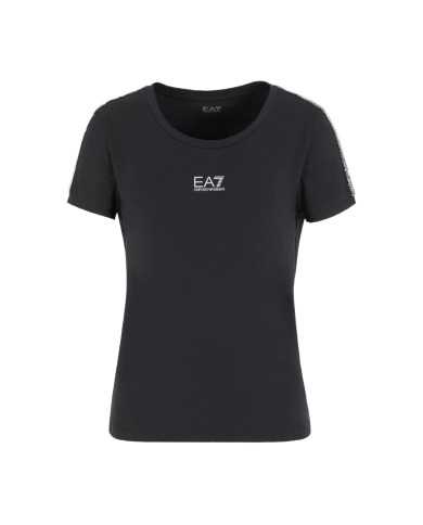 t-shirt nera da donna con dettaglio stampa e logo a contrasto | EA7 t-shirt nera da donna con dettaglio stampa e logo a contrasto | EA7