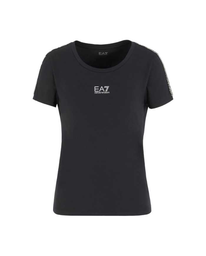 t-shirt nera da donna con dettaglio stampa e logo a contrasto | EA7 t-shirt nera da donna con dettaglio stampa e logo a contrasto | EA7