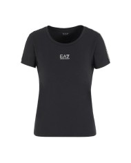 t-shirt nera da donna con dettaglio stampa e logo a contrasto | EA7 t-shirt nera da donna con dettaglio stampa e logo a contrasto | EA7