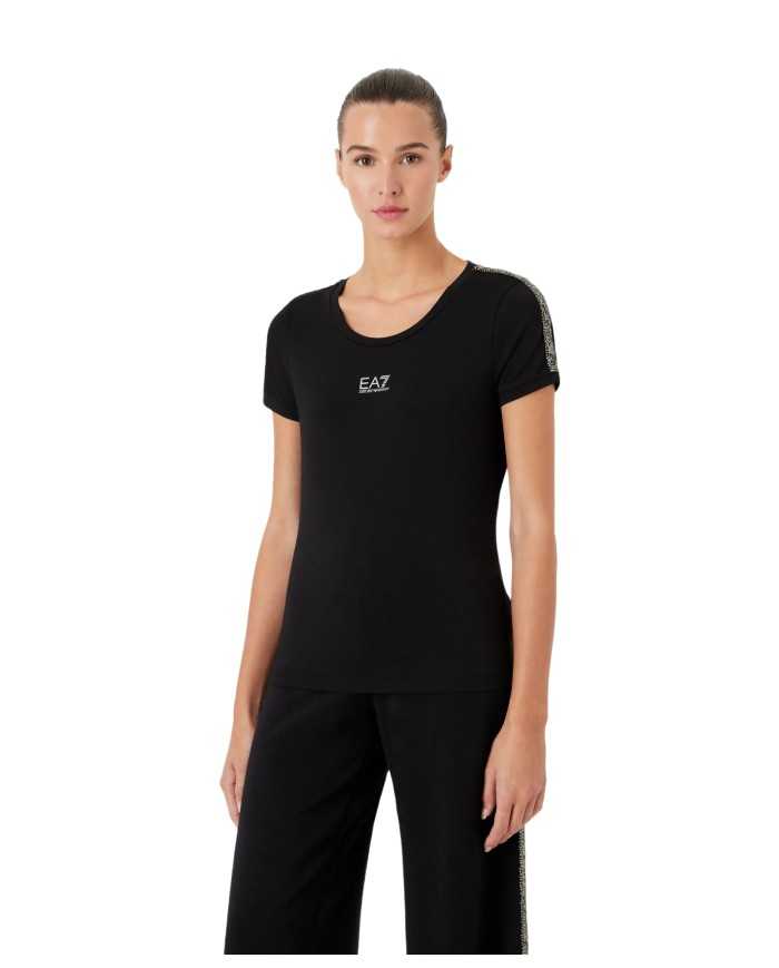 t-shirt nera da donna con dettaglio stampa e logo a contrasto | EA7 t-shirt nera da donna con dettaglio stampa e logo a contrasto | EA7