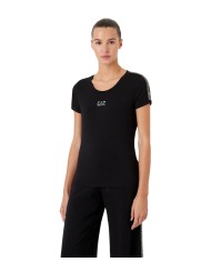 t-shirt nera da donna con dettaglio stampa e logo a contrasto | EA7 t-shirt nera da donna con dettaglio stampa e logo a contrasto | EA7