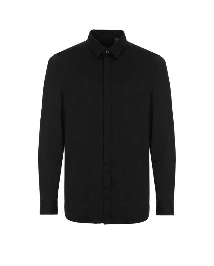 camicia nera da uomo con logo ricamo in tinta unita | ARMANI EXCHANGE camicia nera da uomo con logo ricamo in tinta unita | ARMANI EXCHANGE
