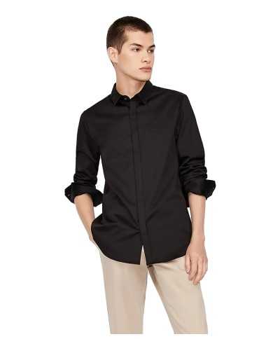 camicia nera da uomo con logo ricamo in tinta unita | ARMANI EXCHANGE camicia nera da uomo con logo ricamo in tinta unita | ARMANI EXCHANGE