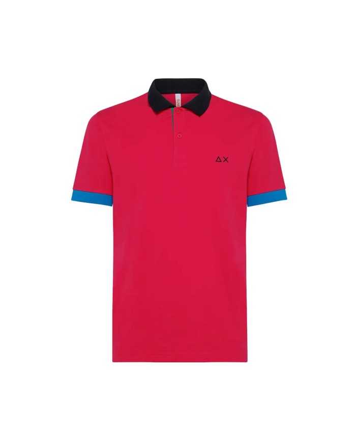polo fuxia da uomo con ricamo logo e manica a 3 colori | SUN68 polo fuxia da uomo con ricamo logo e manica a 3 colori | SUN68