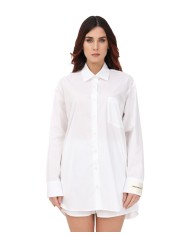 camicia oversize rosa bonbon da donna con logo patch | HINNOMINATE