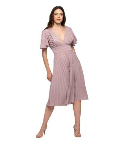 abito rosa fumo donna con gonna plissetta e scollo con catene | KOCCA abito rosa fumo donna con gonna plissetta e scollo con catene | KOCCA