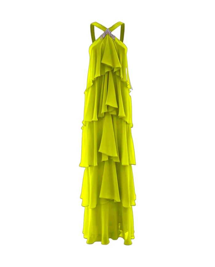abito giallo acido da donna con balze, pietre e lustrini | KOCCA abito giallo acido da donna con balze, pietre e lustrini | KOCCA