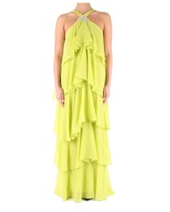 abito giallo acido da donna con balze, pietre e lustrini | KOCCA