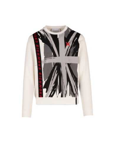 felpa off white da uomo con stampa, banda su lato e logo | RICHMOND felpa off white da uomo con stampa, banda su lato e logo | RICHMOND