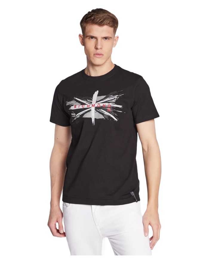t-shirt nera da uomo con stampa frontale e logo su schiena | RICHMOND