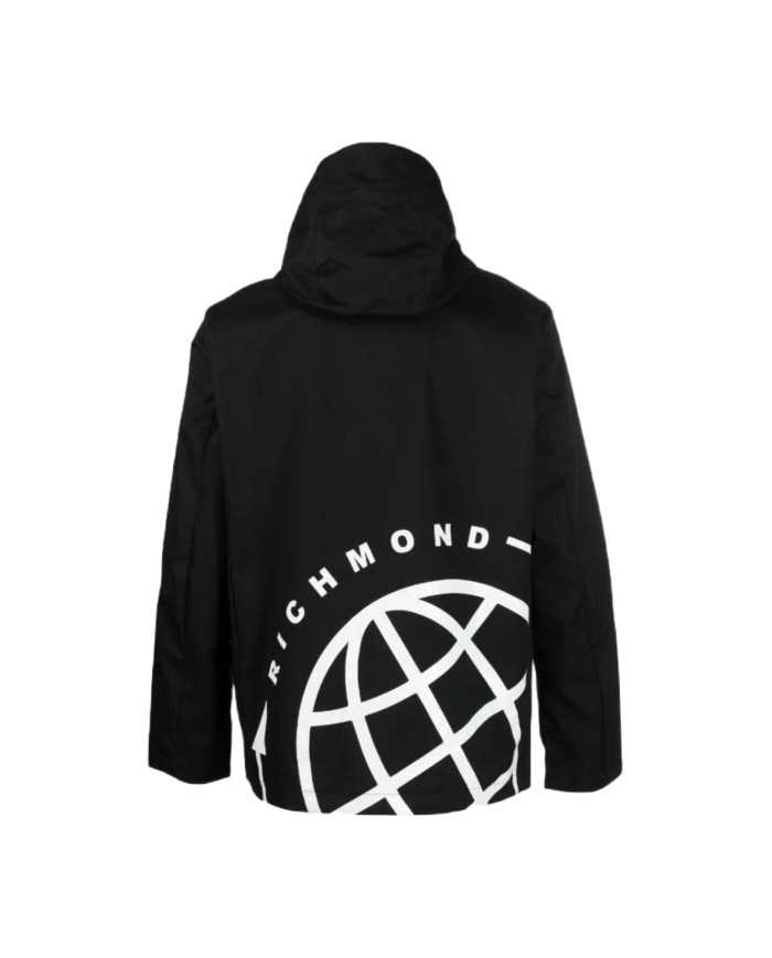 Giubbino nero da uomo con cappuccio, logo e grafica | RICHMOND Giubbino nero da uomo con cappuccio, logo e grafica | RICHMOND
