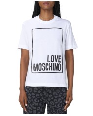 t-shirt bianca da donna con logo stampato stile box | LOVE MOSCHINO