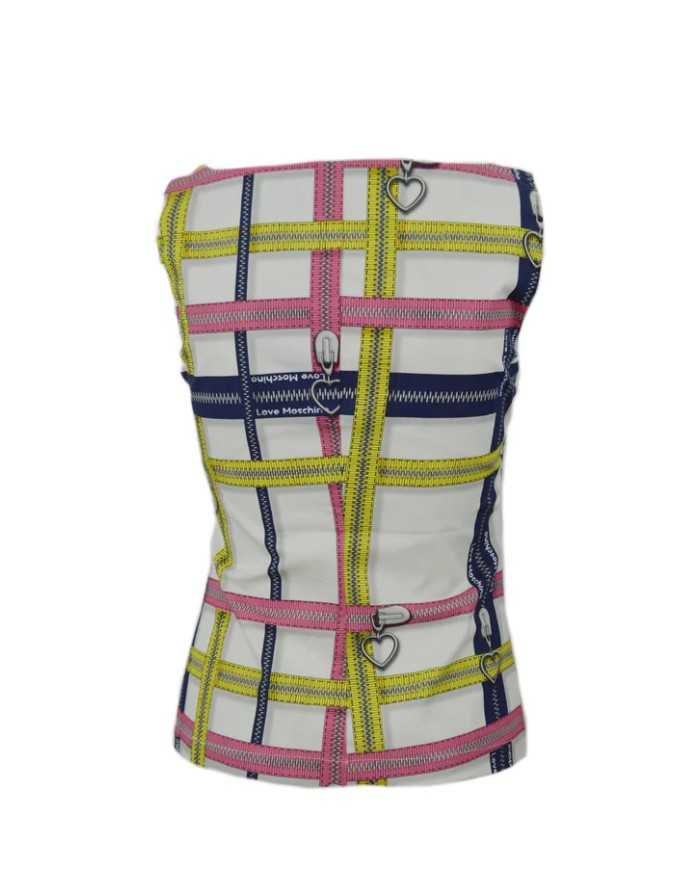 Top smanicato donna bianco con fantasia a cerniere | LOVE MOSCHINO