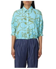 Camicia donna azzurra con fantasia a corde dorate | LOVE MOSCHINO
