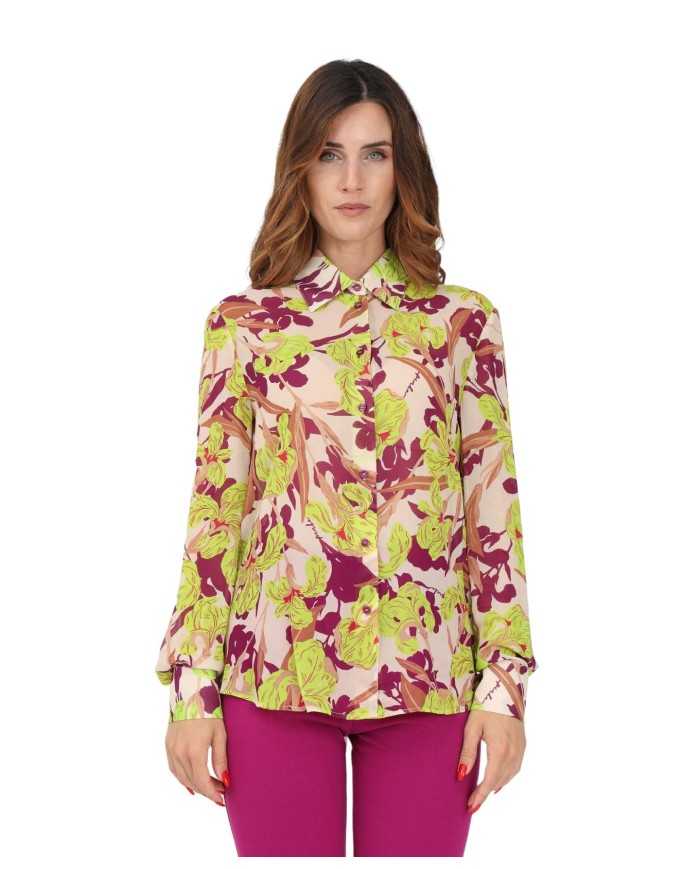 camicia beige e verde da donna con stampa iris all-over | PINKO camicia beige e verde da donna con stampa iris all-over | PINKO
