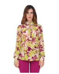 camicia beige e verde da donna con stampa iris all-over | PINKO