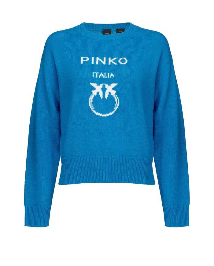 maglia light blu da donna logata al centro in contrasto | PINKO maglia light blu da donna logata al centro in contrasto | PINKO