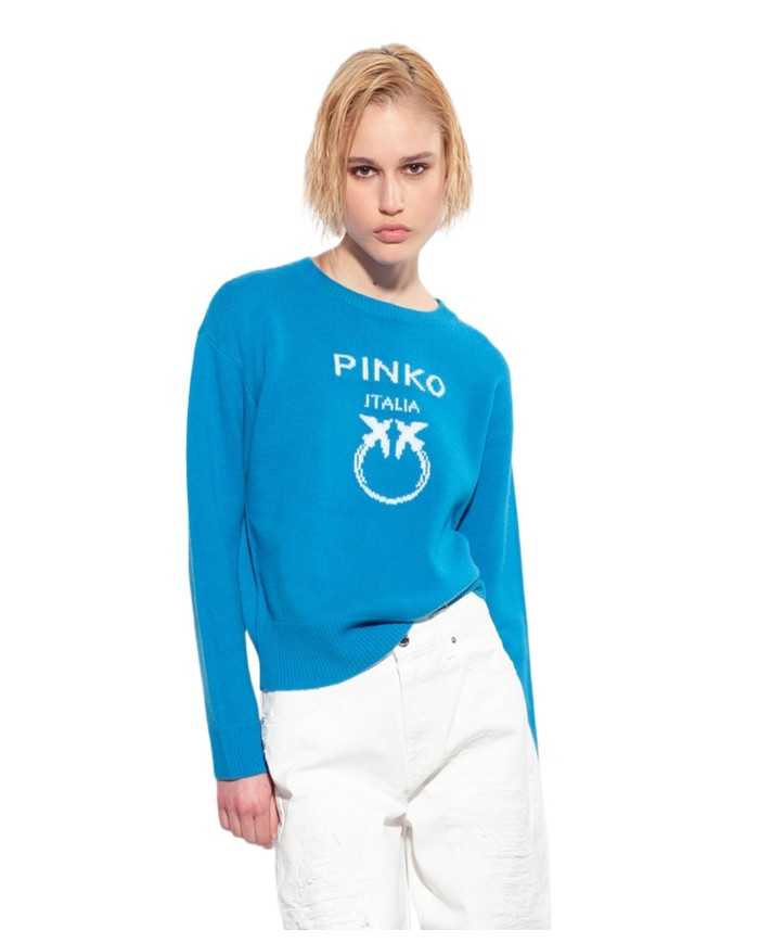 maglia light blu da donna logata al centro in contrasto | PINKO maglia light blu da donna logata al centro in contrasto | PINKO