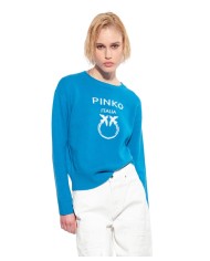 maglia light blu da donna logata al centro in contrasto | PINKO