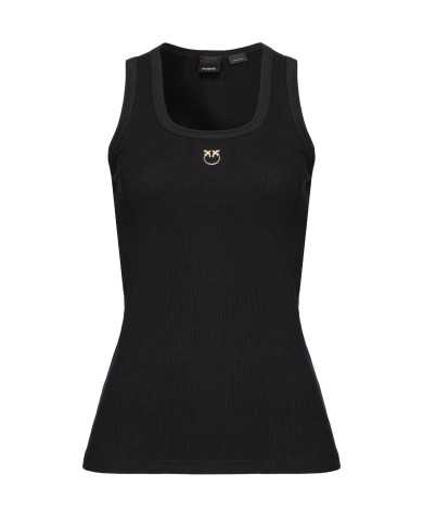 canotta slim nera a donna con ricamo LOVE BIRDS al centro | PINKO canotta slim nera a donna con ricamo LOVE BIRDS al centro | PINKO