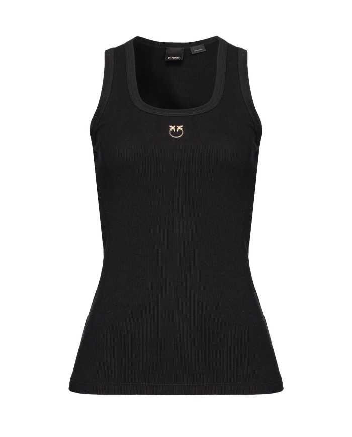 canotta slim nera a donna con ricamo LOVE BIRDS al centro | PINKO canotta slim nera a donna con ricamo LOVE BIRDS al centro | PINKO