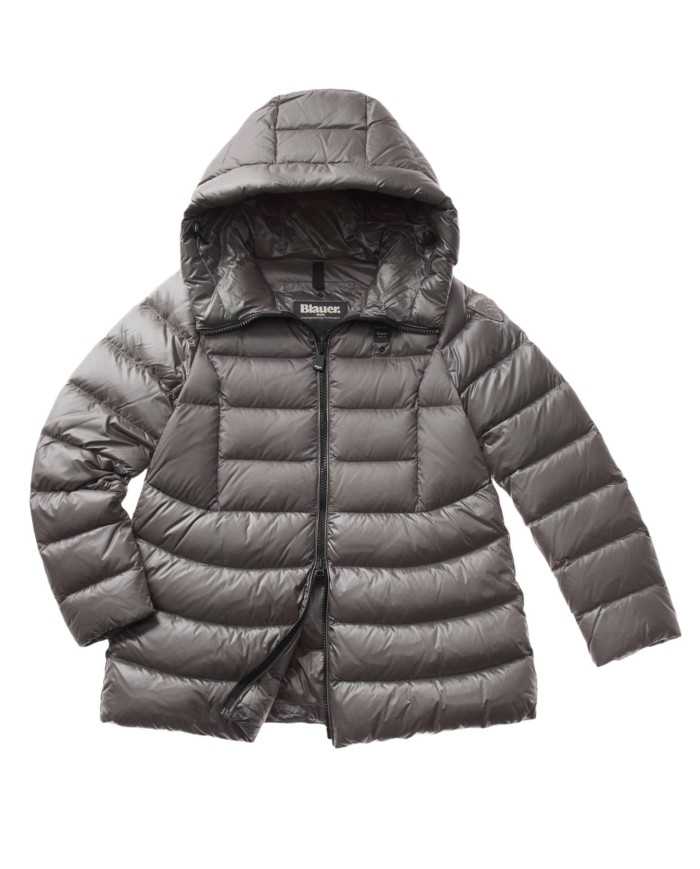 piumino grigio ferro da donna con logo patch su manica | BLAUER piumino grigio ferro da donna con logo patch su manica | BLAUER