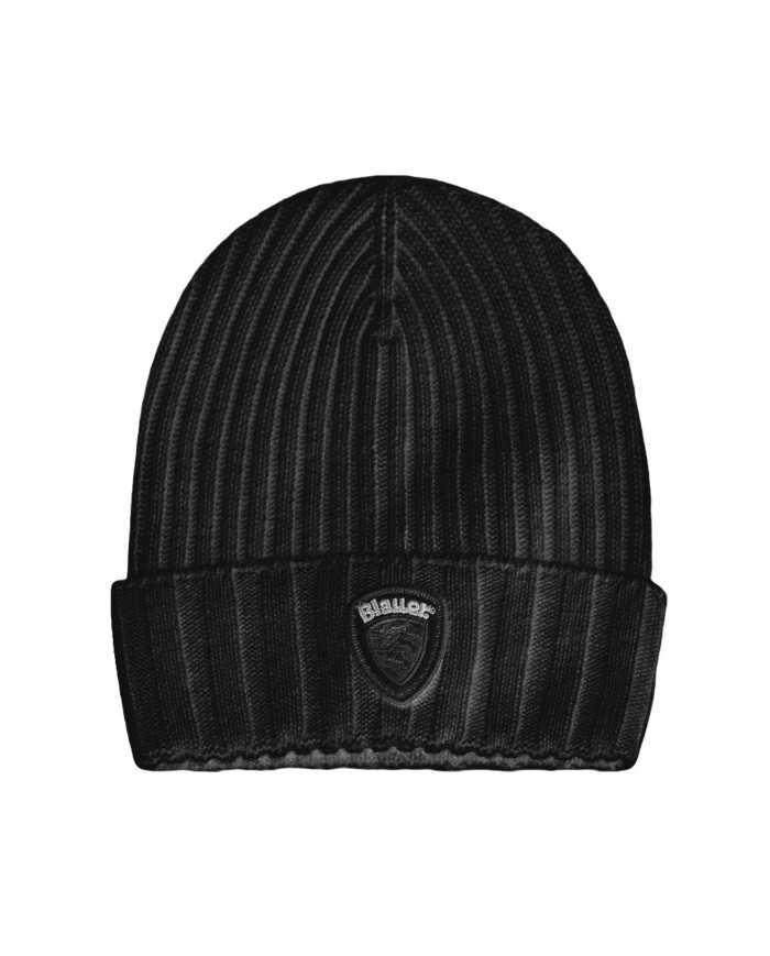 cappello nero da uomo con risvolto e patch scudo logato | BLAUER