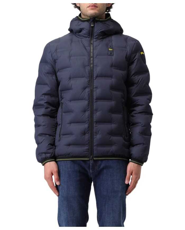piumino blu da uomo imbottito in piuma con logo patch | BLAUER piumino blu da uomo imbottito in piuma con logo patch | BLAUER