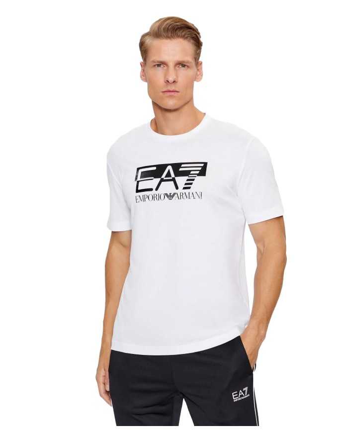 t-shirt bianca da uomo con stampa logata grande in contrasto | EA7 t-shirt bianca da uomo con stampa logata grande in contrasto | EA7