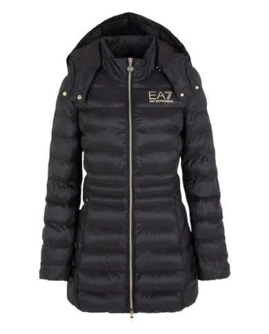 piumino svasato e trapuntato nero da donna con logo sul petto | EA7 piumino svasato e trapuntato nero da donna con logo sul petto | EA7