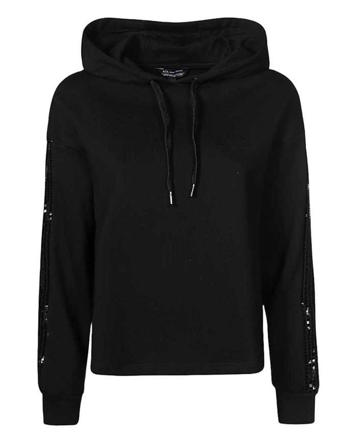 felpa nera da donna con logo e bande con pailettes | ARMANI EXCHANGE felpa nera da donna con logo e bande con pailettes | ARMANI EXCHANGE