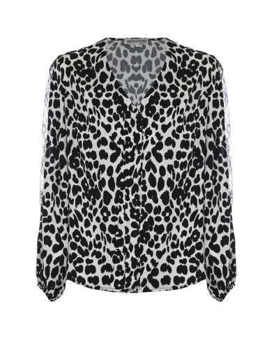 blusa nero/avorio da donna con fantasia animalier e scollo a V | KOCCA blusa nero/avorio da donna con fantasia animalier e scollo a V | KOCCA