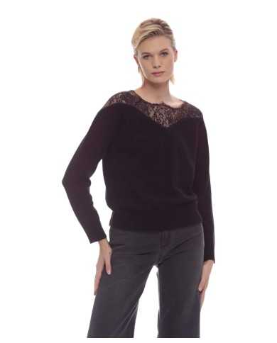 maglia nera da donna con inserto in pizzo su parte superiore | KOCCA maglia nera da donna con inserto in pizzo su parte superiore | KOCCA