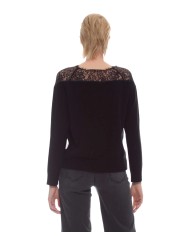 maglia nera da donna con inserto in pizzo su parte superiore | KOCCA