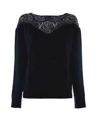maglia nera da donna con inserto in pizzo su parte superiore | KOCCA maglia nera da donna con inserto in pizzo su parte superiore | KOCCA