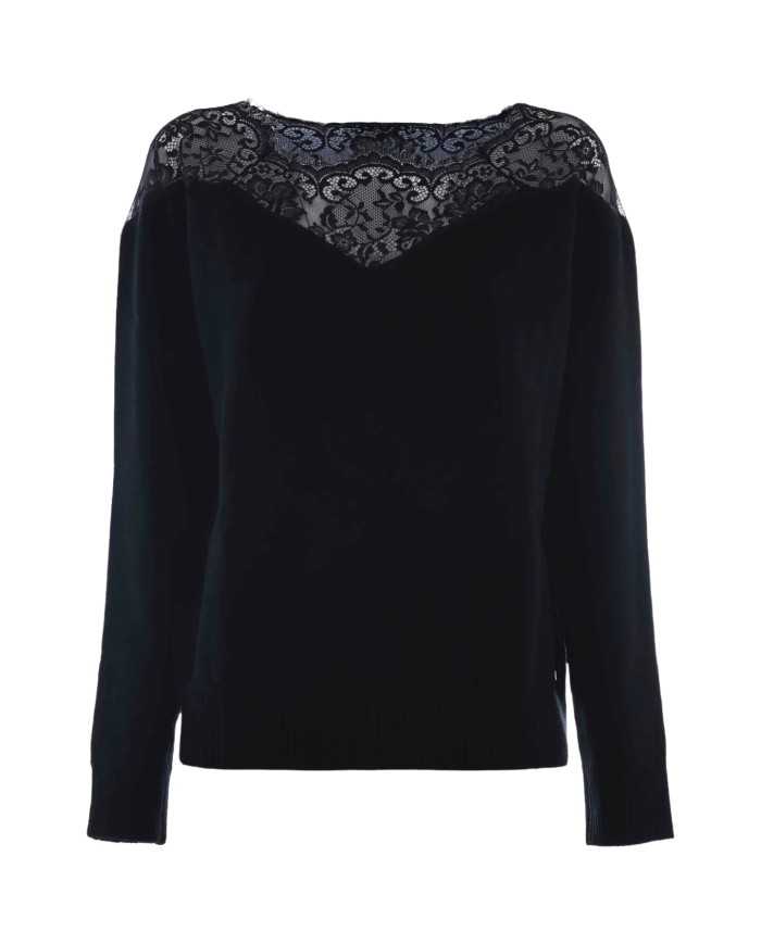 maglia nera da donna con inserto in pizzo su parte superiore | KOCCA
