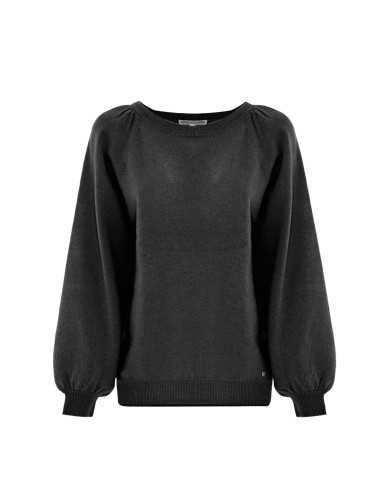 maglia nera da donna con maniche arricciate e blusanti a coste | KOCCA maglia nera da donna con maniche arricciate e blusanti a coste | KOCCA
