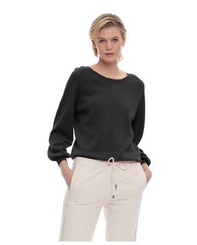 maglia nera da donna con maniche arricciate e blusanti a coste | KOCCA maglia nera da donna con maniche arricciate e blusanti a coste | KOCCA
